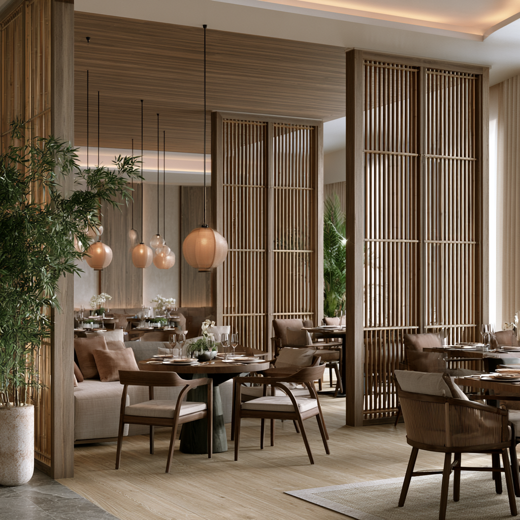Restaurant interior bamboo wood acoustic partition screens separating dining areas with warm ambiance