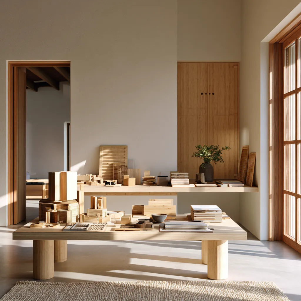 Minimal architectural workspace showing bamboo wood material systems and structural components for sustainable design and manufacturing