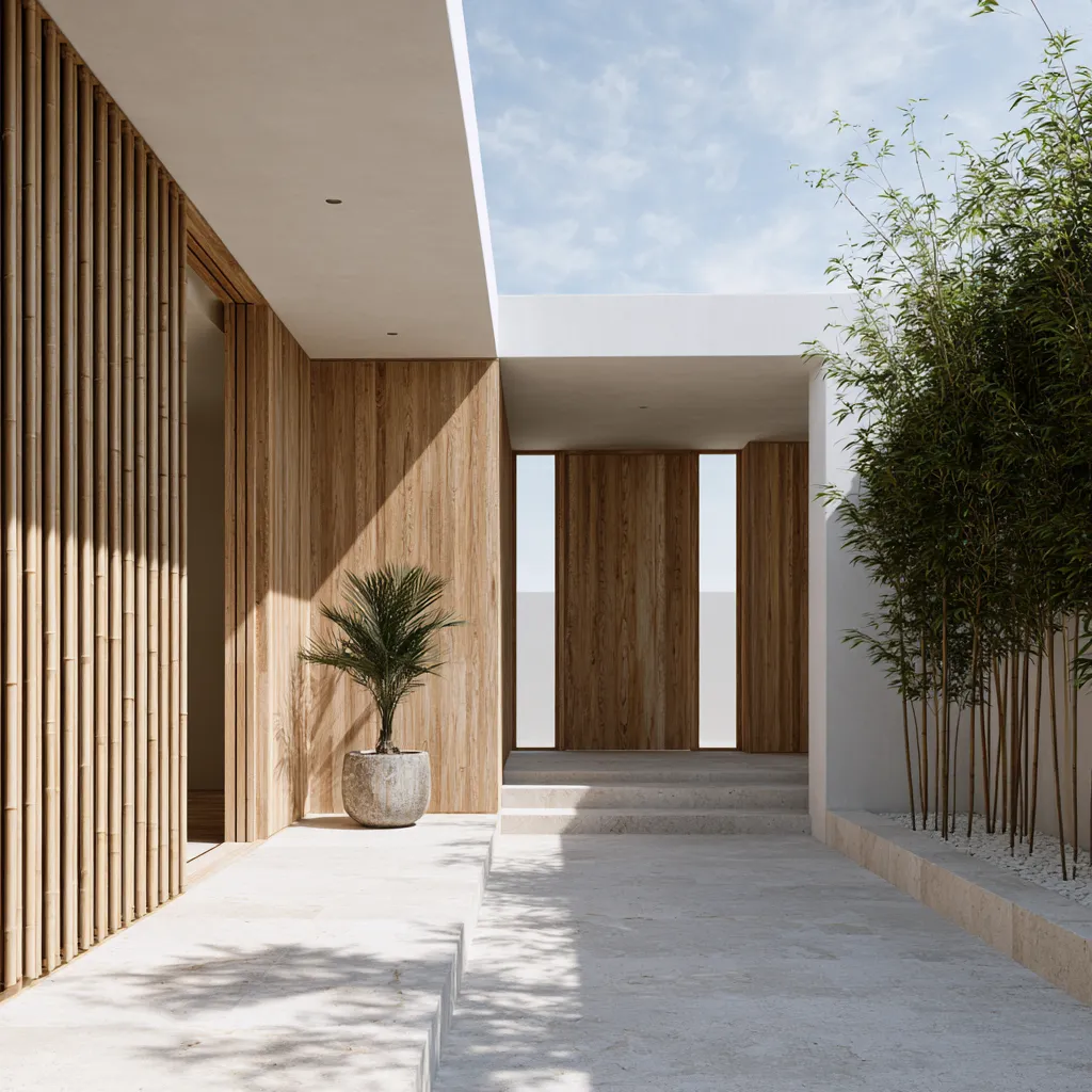 Minimal architectural space with bamboo and wood structures expressing harmony between nature and modern architecture