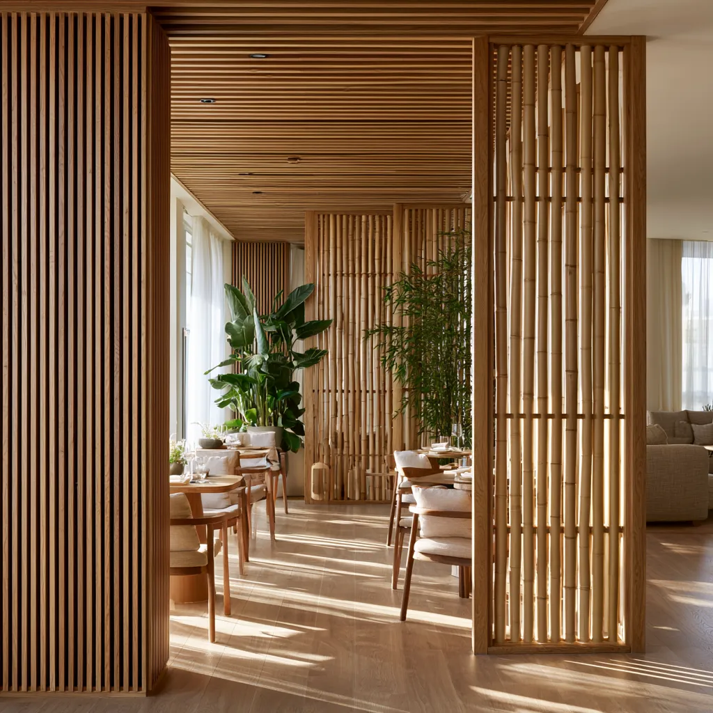 Bamboo and wood interior partition system creating warm, minimalist spatial divisions in a luxury Japandi-style restaurant and hospitality interior.