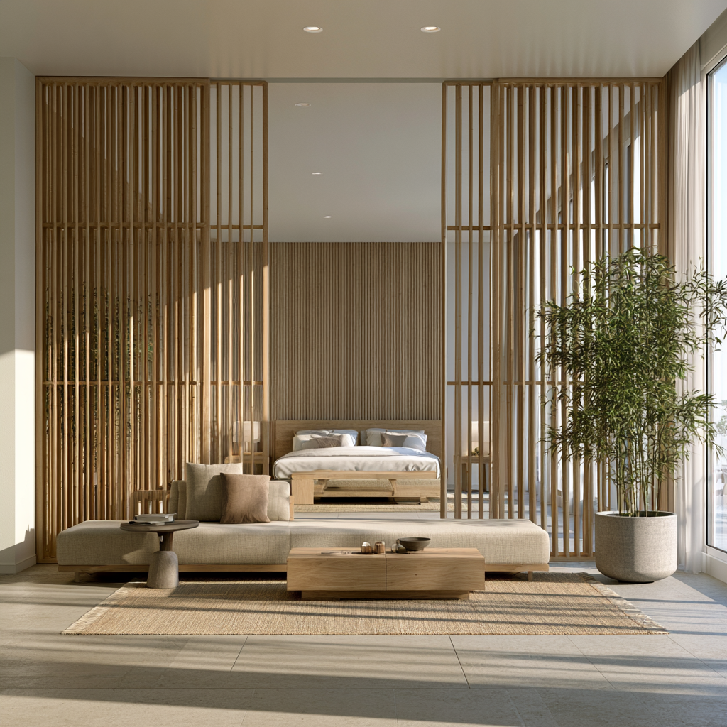 Luxury hotel lobby and guest room bamboo and wood partition system creating private and open spatial zoning