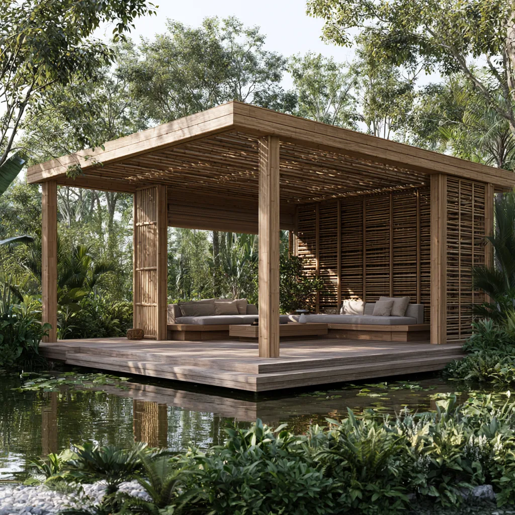Luxury outdoor bamboo pergola and wooden pavilion integrated into a natural landscape with greenery, water reflections, and resort-style architecture.
