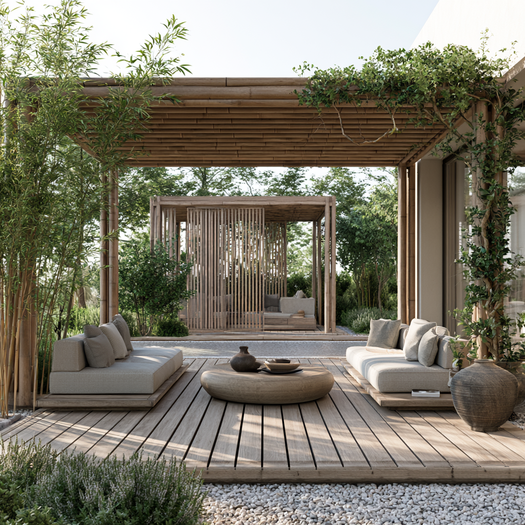 Modern outdoor bamboo and wood pergola landscape design integrated into natural environment