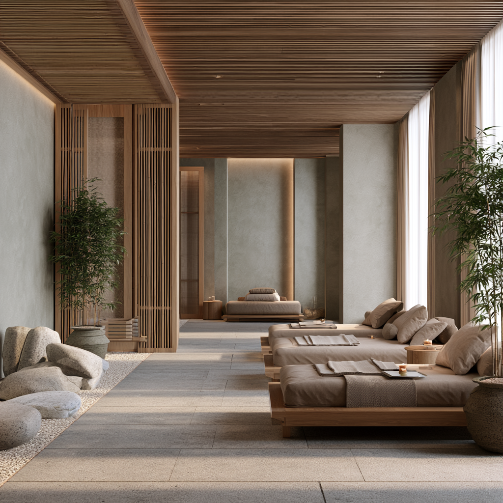 Luxury spa wellness interior with bamboo wood and natural materials creating calming Japanese inspired atmosphere