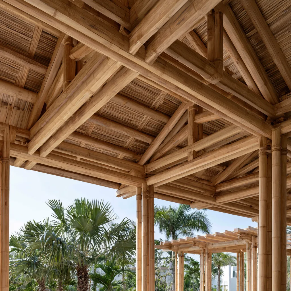Modern architectural structural system featuring bamboo and timber pergola frameworks in outdoor landscape hospitality environments