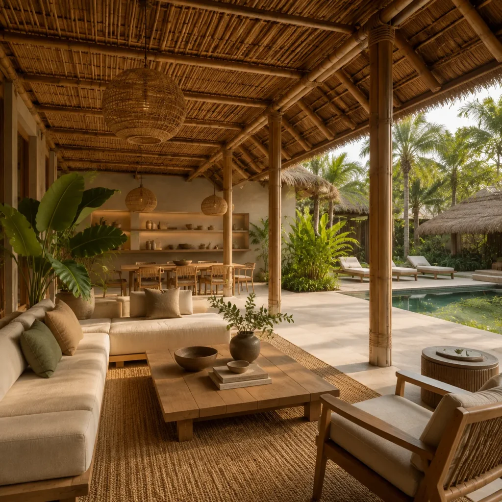 Tropical resort architecture with bamboo structures, natural materials, and open-air hospitality design surrounded by lush greenery