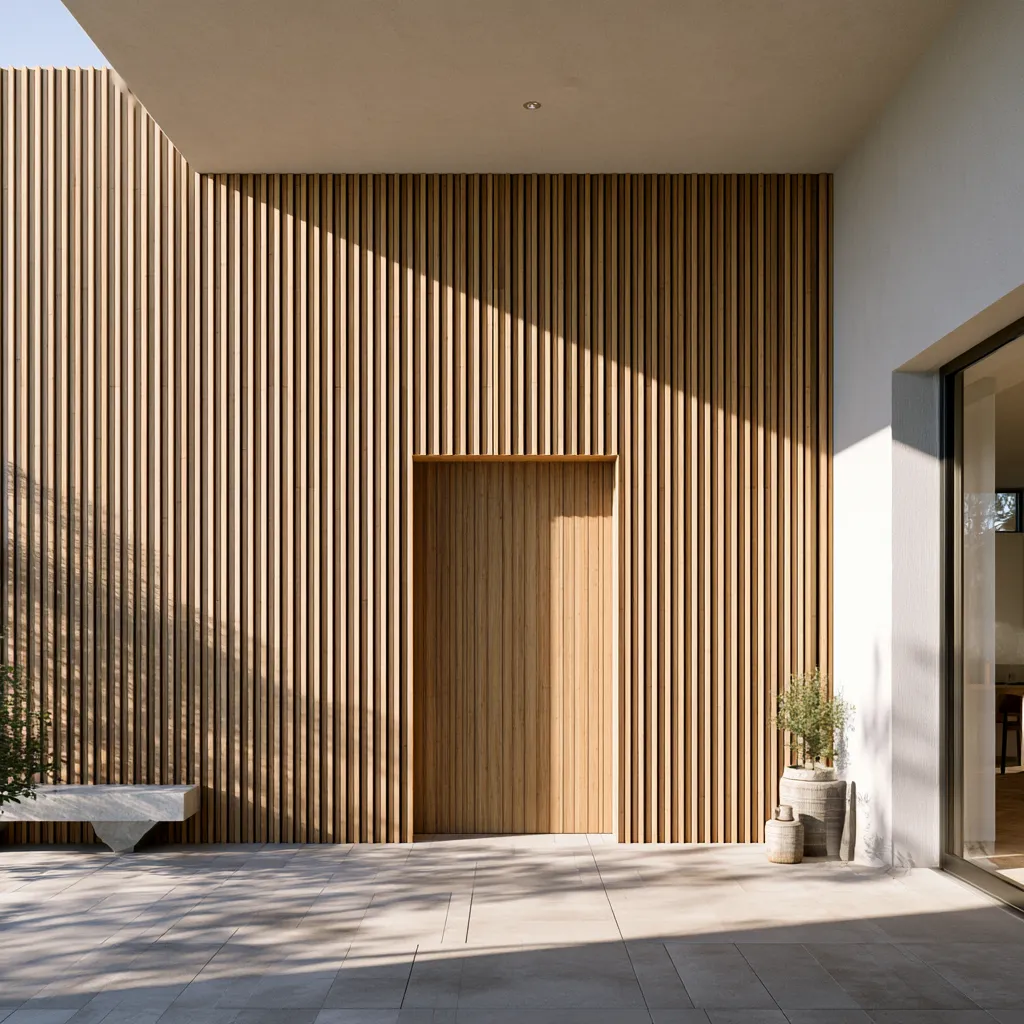 Minimal architectural wall cladding system using bamboo and wood facade panels for interior and exterior building applications