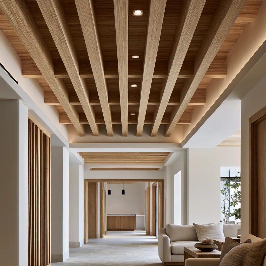 Modern architectural ceiling system with bamboo and wood linear structures creating layered spatial depth in interior environments