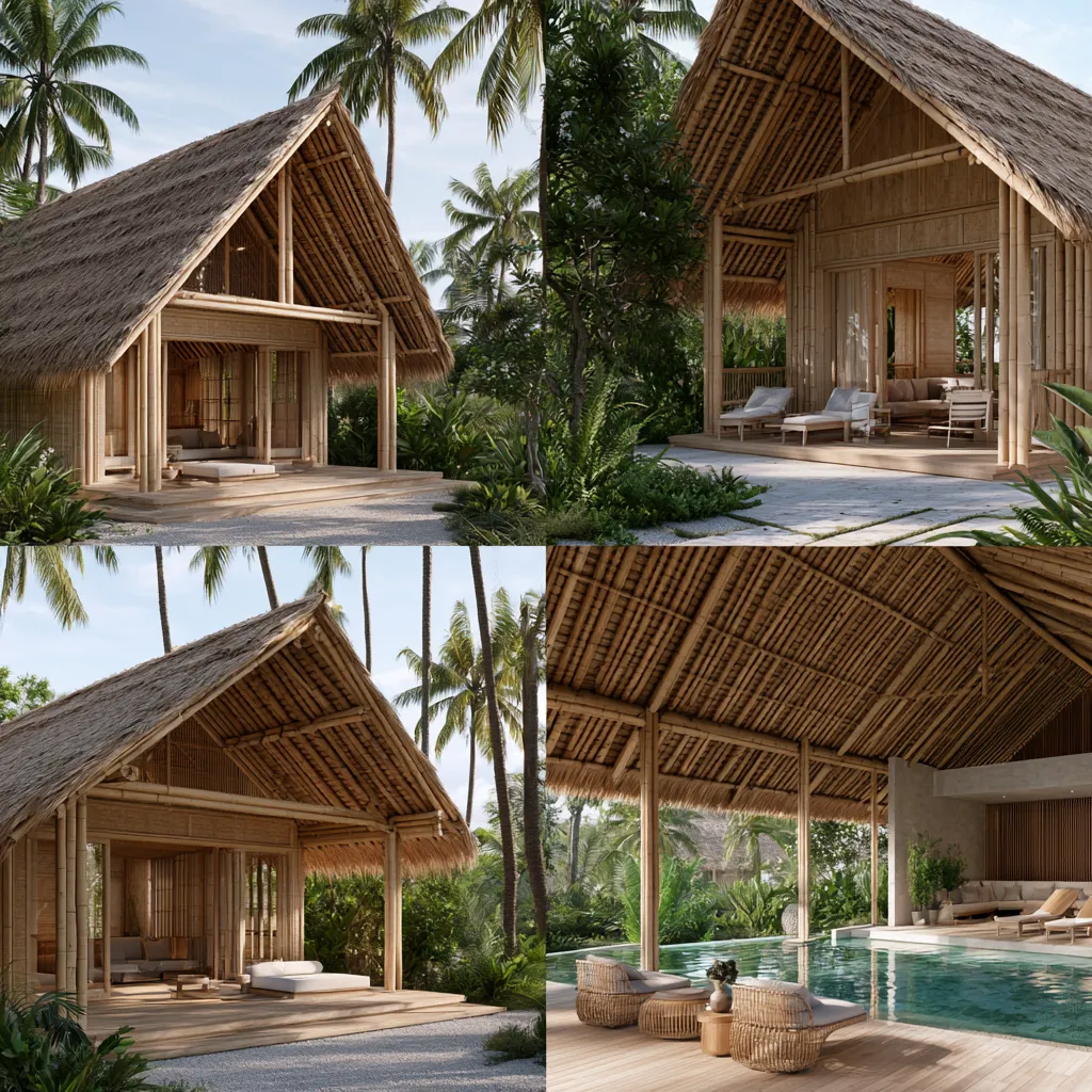 Tropical architectural outdoor system with bamboo and timber structures integrated into resort landscape and hospitality environments