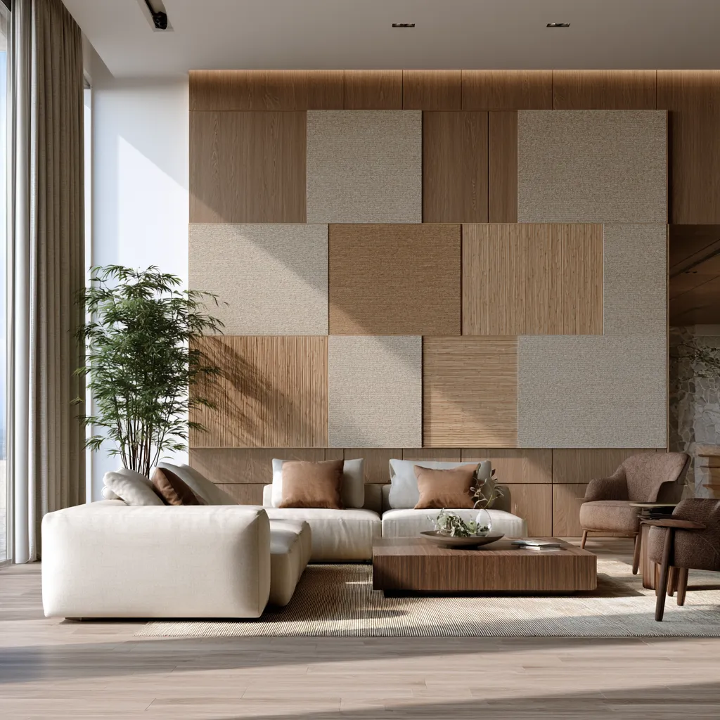 Minimal architectural interior space using bamboo and wood materials in a modern Japandi style with warm natural lighting