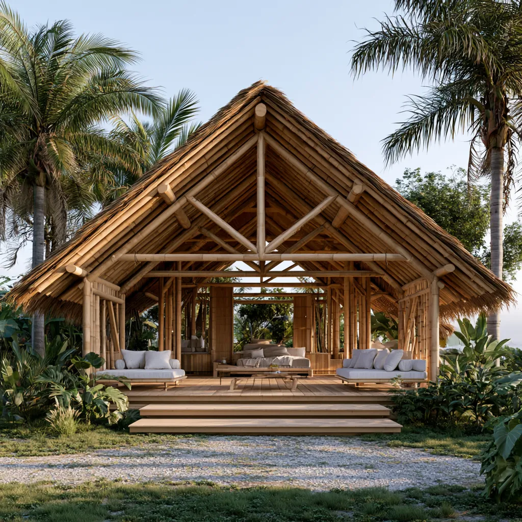 Minimal bamboo resort pavilion in tropical landscape with natural wood architectural structure