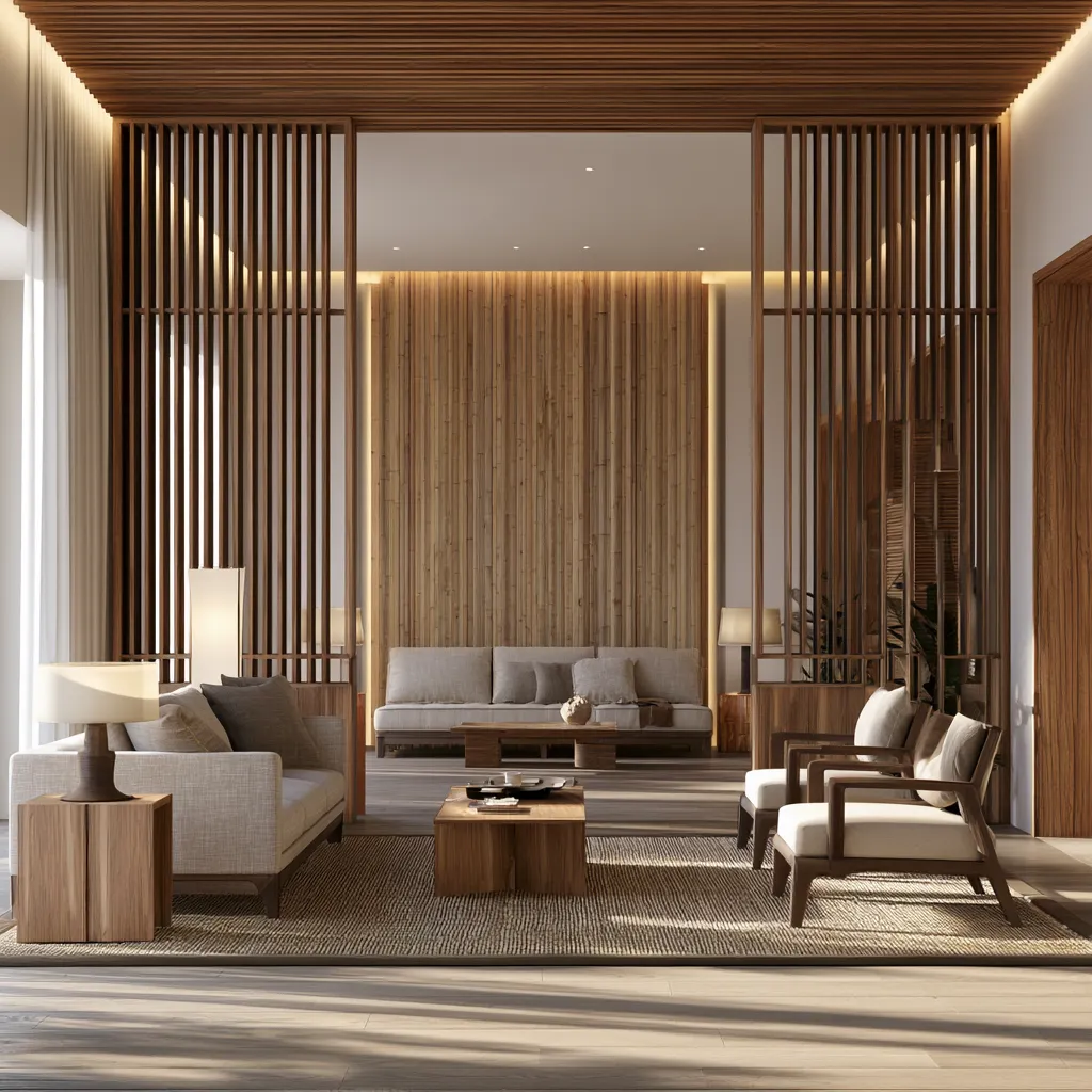 Modern hotel interior with bamboo wall cladding and natural wood architectural system