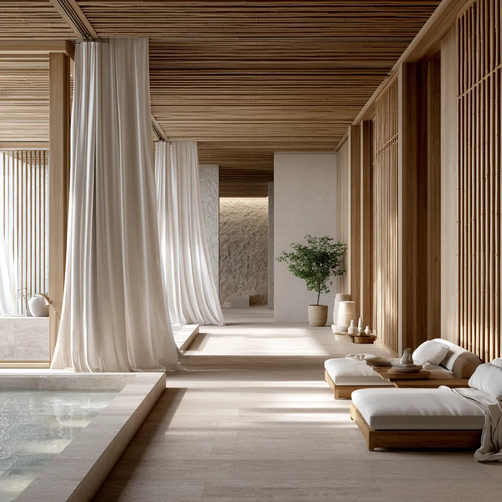 Minimal spa interior with bamboo architecture, soft lighting and natural materials