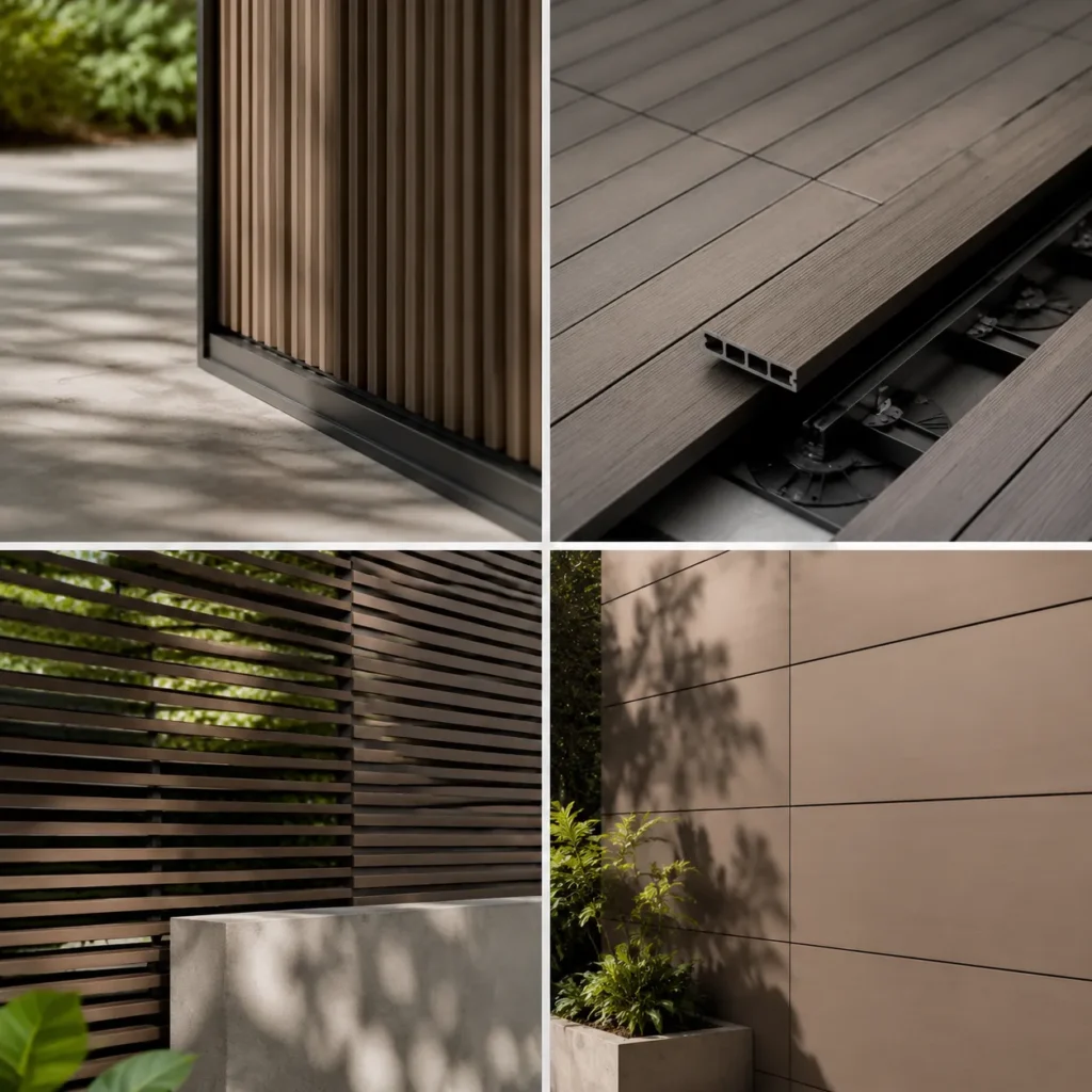 Modern synthetic architectural material systems showing facade panels, decking and slatted screening structures in a minimal outdoor environment