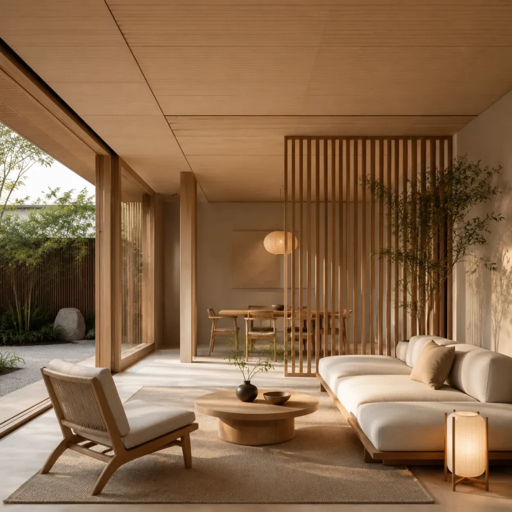 Minimal Japandi interior architecture with natural wood materials and balanced spatial expression in a calm modern design environment