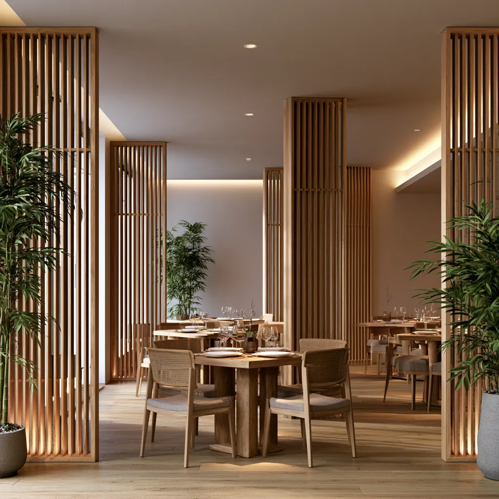Japandi restaurant interior with wooden slat divider system and bamboo partitions
