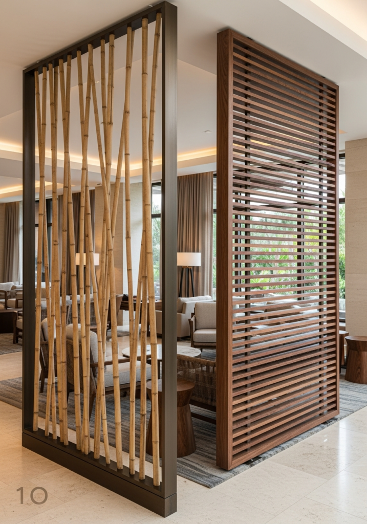A professional architectural visualization comparing a bamboo partition wall and a wooden slat room divider in a high-end hospitality lounge interior.