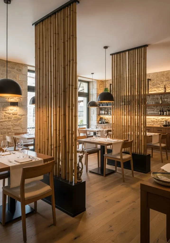 Interno di un ristorante di un boutique hotel italiano con eleganti pannelli divisori in bambù che separano le zone pranzo, illuminazione calda, materiali naturali come pietra e legno, architettura sofisticata.