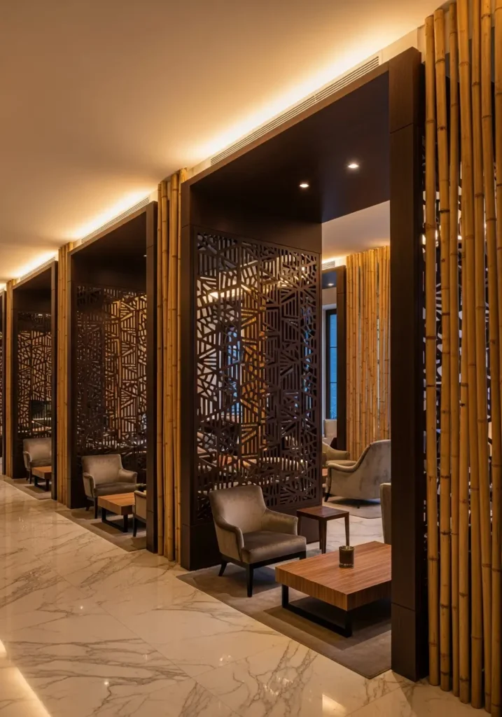 Pareti divisorie hotel in bamboo e legno nella hall di un albergo di lusso italiano