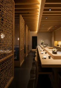 Interior view of a high-end Japanese restaurant featuring handcrafted bamboo screens as room dividers, wood finishes, and warm lighting, empty of people.