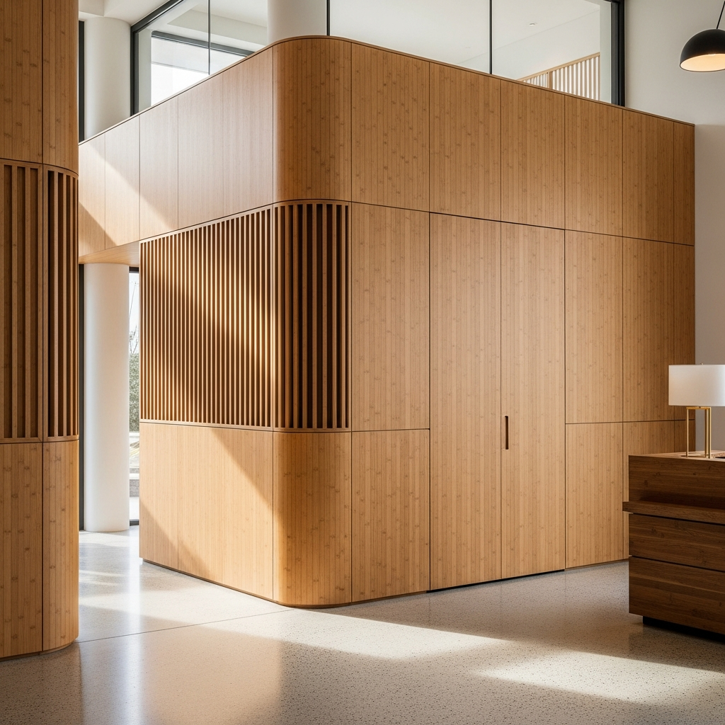 Engineered caramelized bamboo wall paneling in a luxury Japandi style hotel lobby