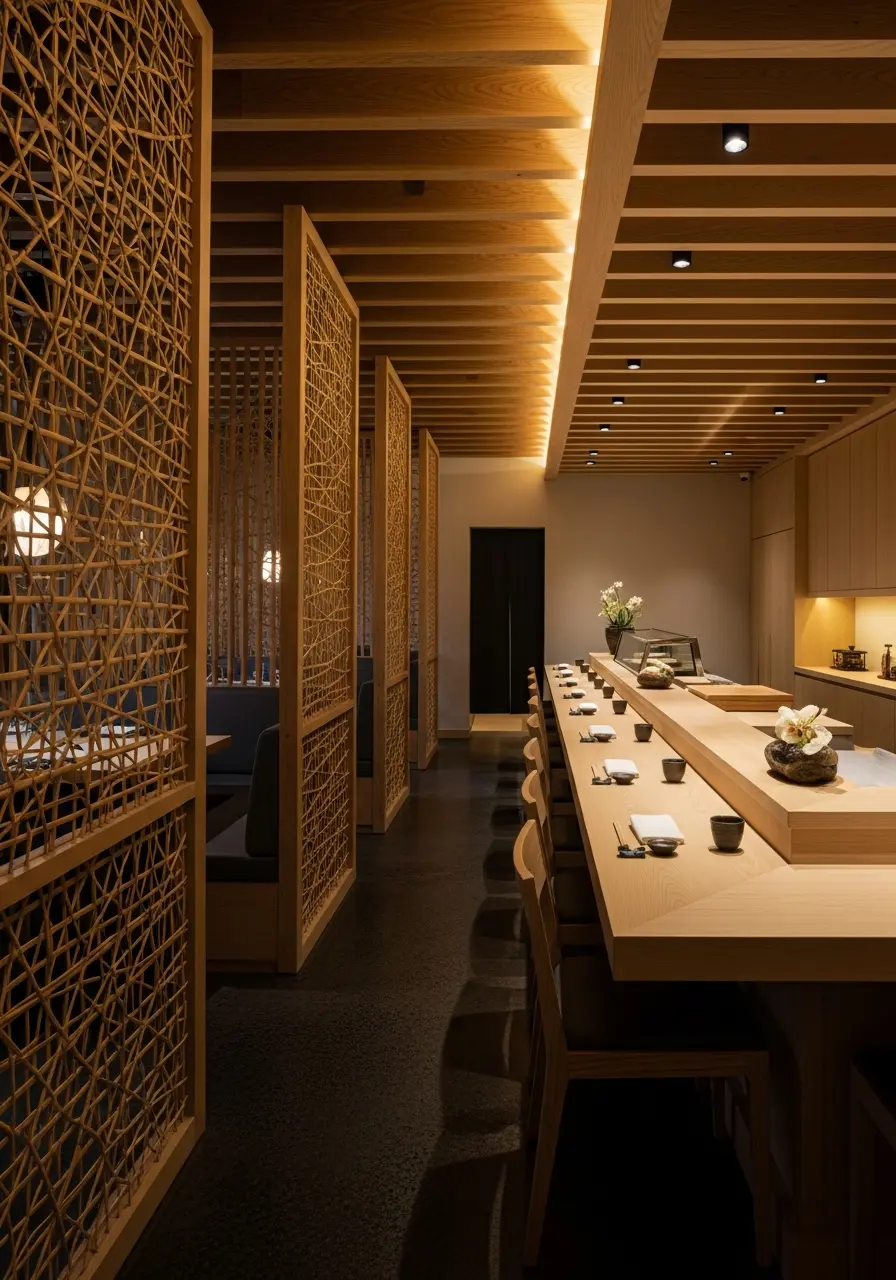Interior view of a high-end Japanese restaurant featuring handcrafted bamboo screens as room dividers, wood finishes, and warm lighting, empty of people.
