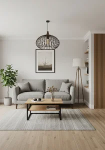 Photographie d'intérieur d'un salon minimaliste avec mur en panneaux de bambou et lumière naturelle