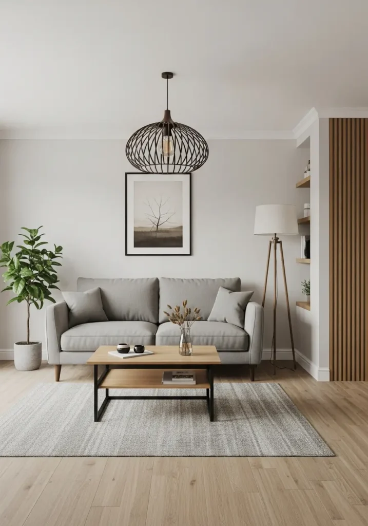 Photographie d'intérieur d'un salon minimaliste avec mur en panneaux de bambou et lumière naturelle
