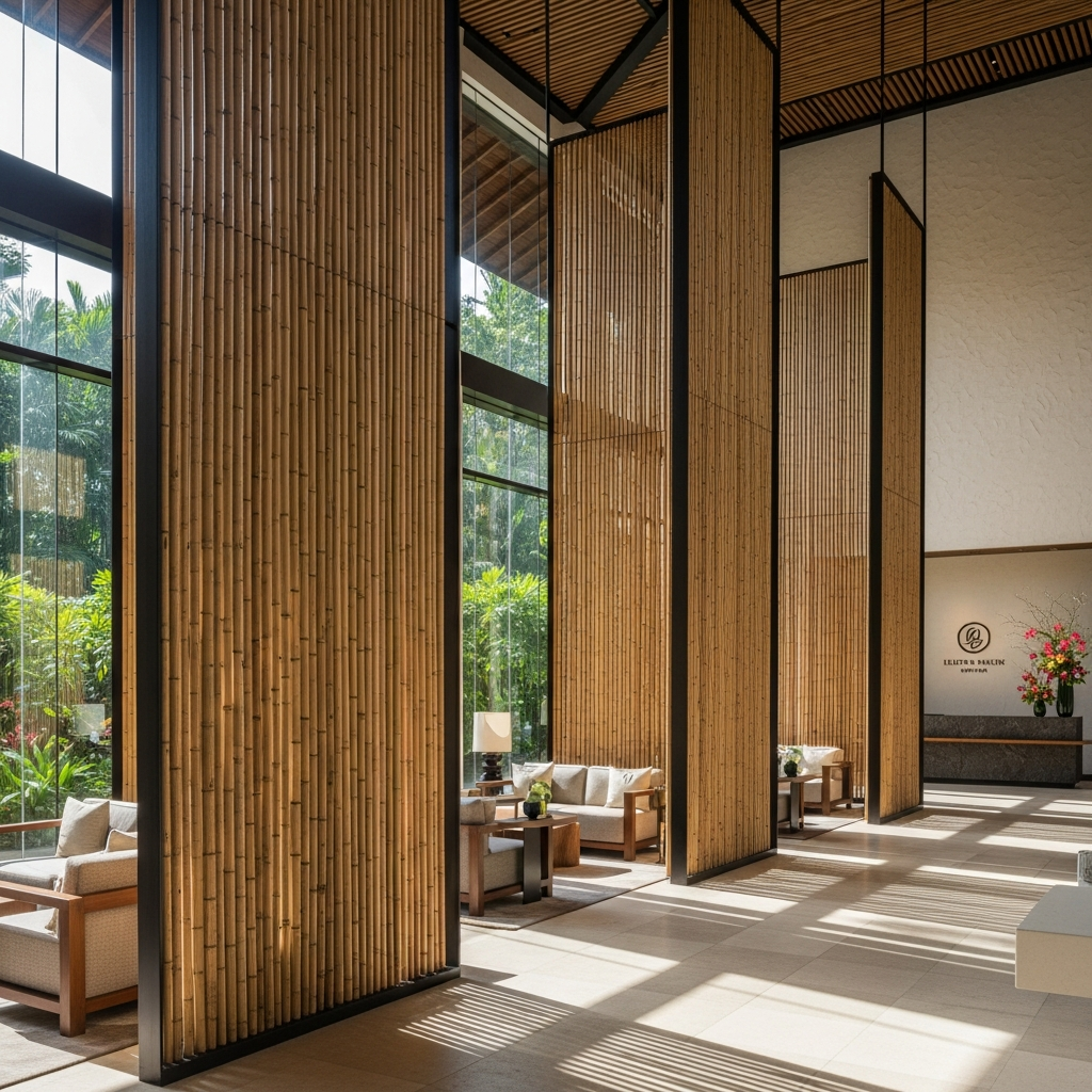 Architectural bamboo room dividers defining a lounge area in a luxury resort lobby, featuring natural light and biophilic design.