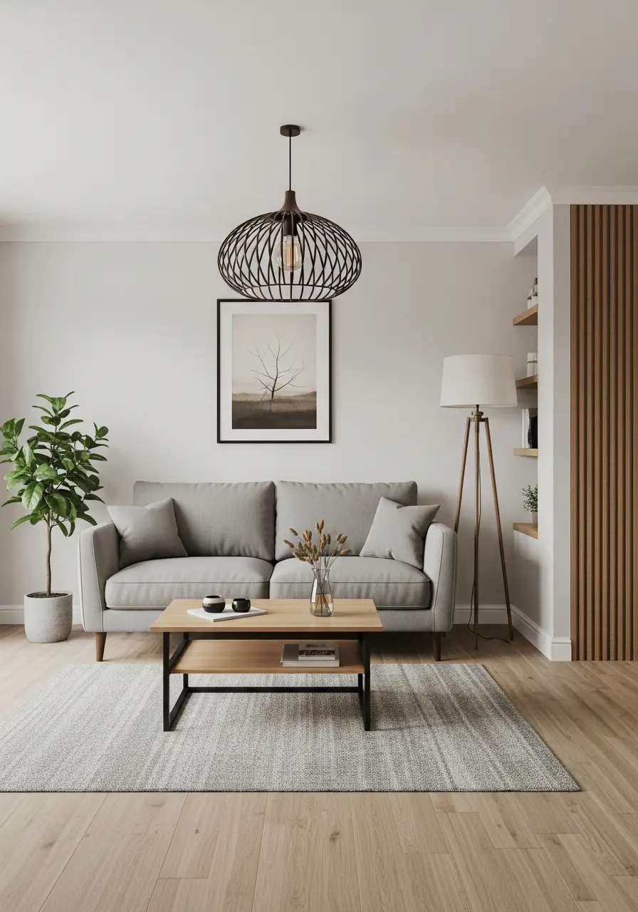 Photographie d'intérieur d'un salon minimaliste avec mur en panneaux de bambou et lumière naturelle