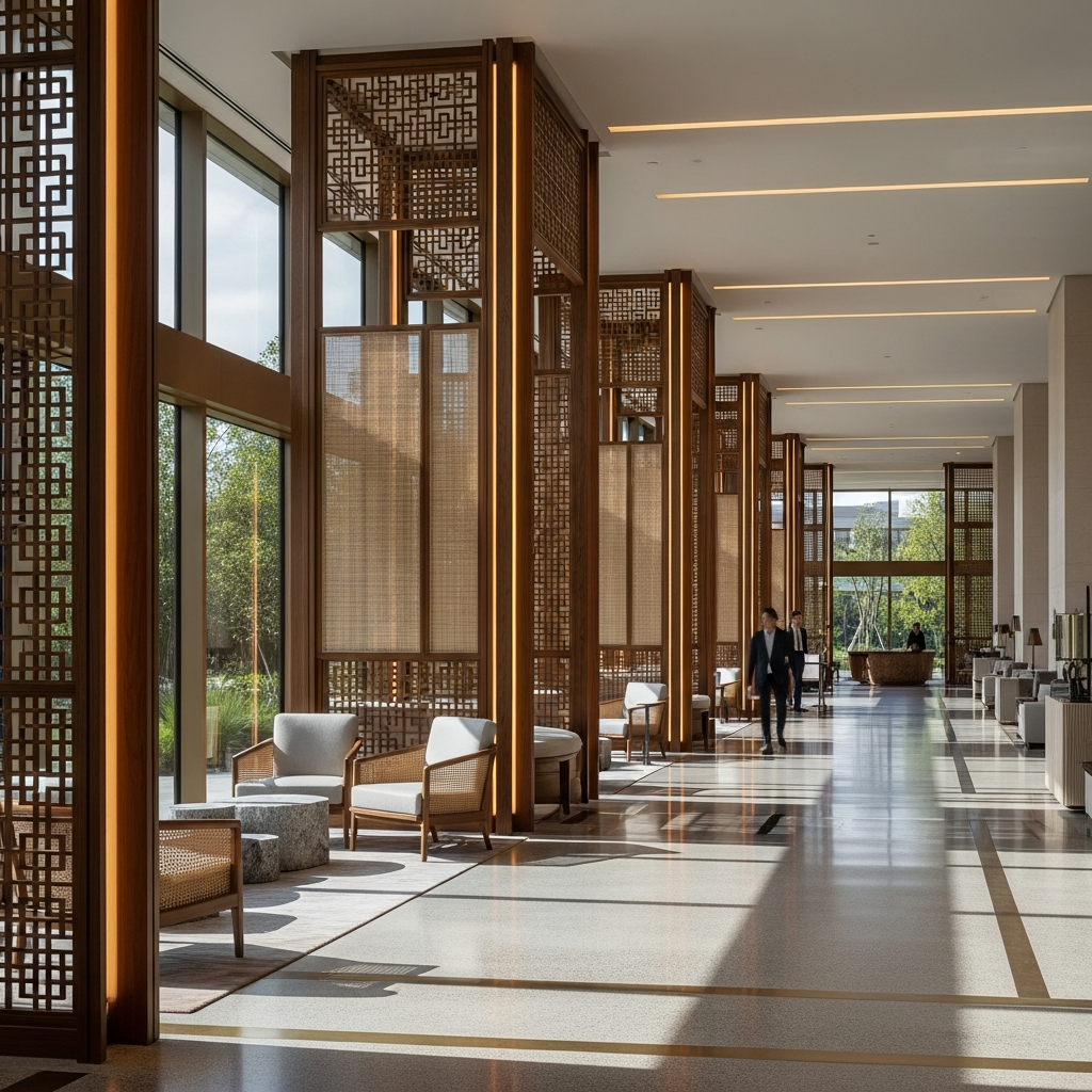Architectural room dividers separating seating areas in a sophisticated, modern hotel lobby.