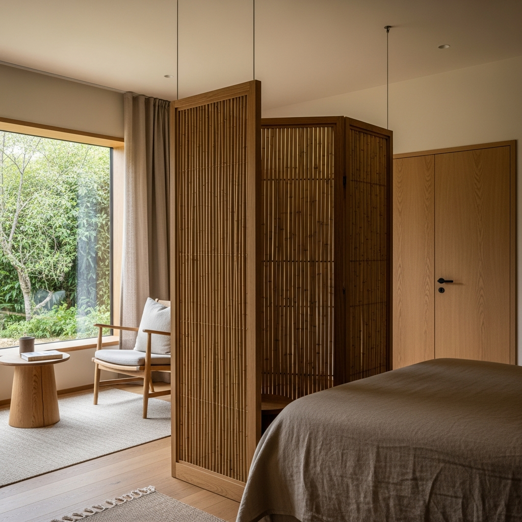 A handcrafted bamboo room divider separates the sleeping and lounge areas in a luxury boutique hotel guest room designed in a modern Japanese minimalist style.