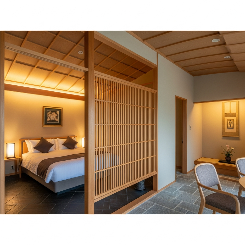 Luxury Japanese resort suite interior design featuring a custom bamboo partition screen, dividing the bedroom from a traditional tea lounge. The space embodies Zen principles with natural wood ceiling, stone floor, and a calm, sophisticated atmosphere.