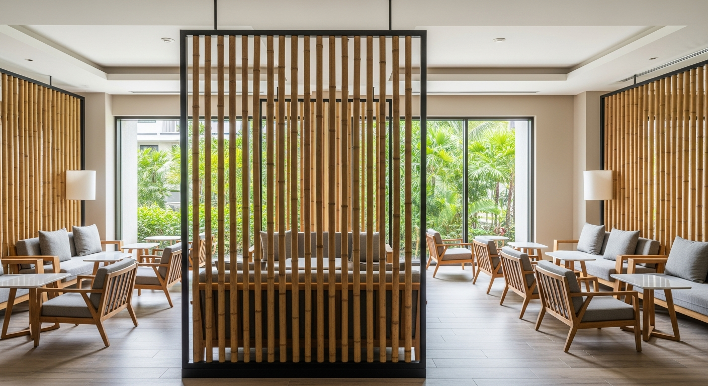 A modern luxury hotel lounge with a custom bamboo room divider creating private seating areas.