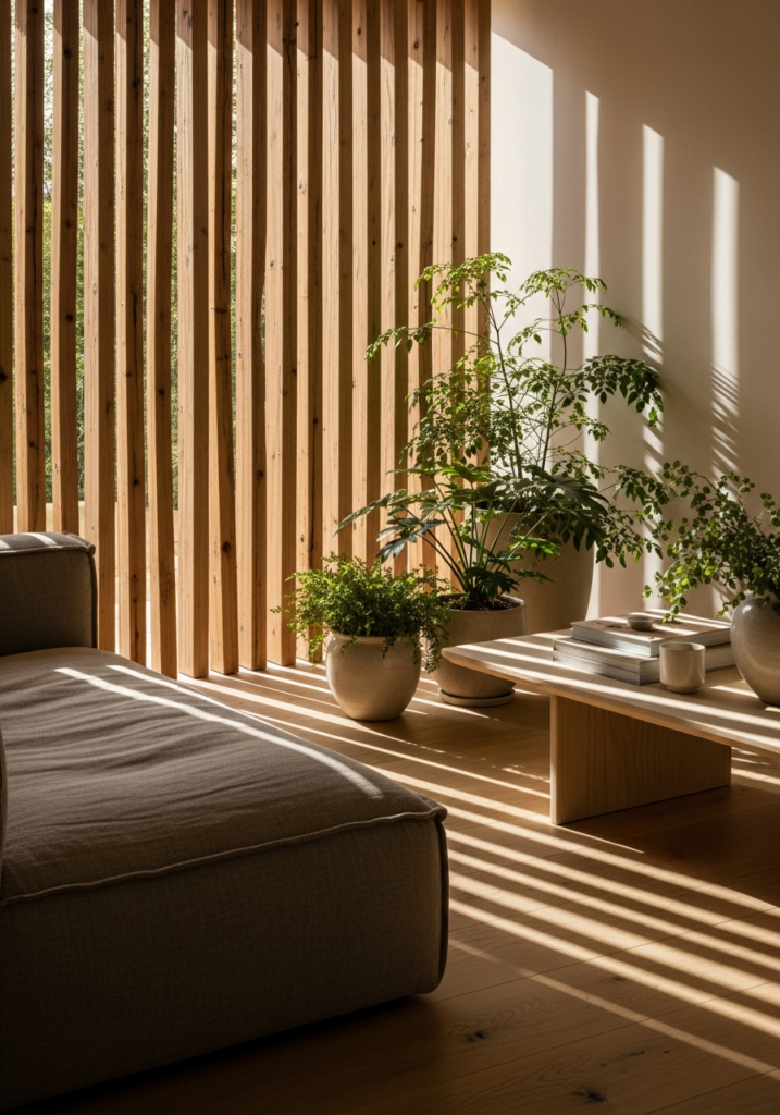 Fotografía arquitectónica de un panel bambú interior de listones utilizado para separación de espacios en una sala de estar de lujo estilo Japandi.