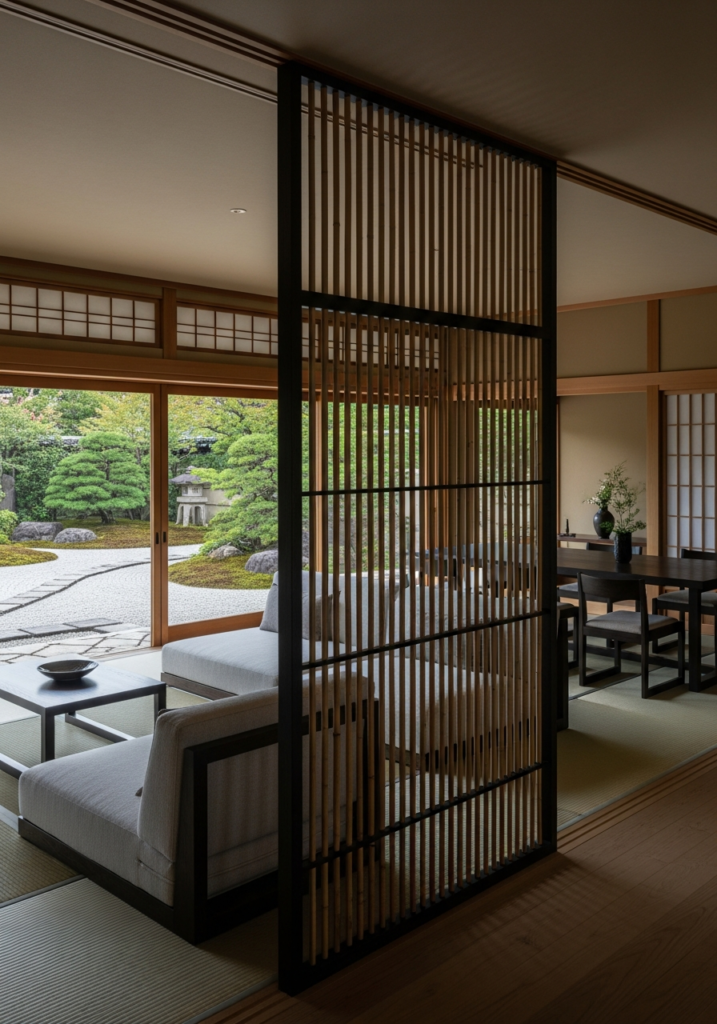 An interior shot of a modern minimalist Japanese villa featuring a custom bamboo room divider separating the living and dining areas, with a view of a garden outside.