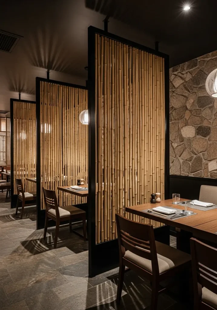 Architectural photograph of a luxury Asian fusion restaurant interior showing intimate dining spaces created by integrated bamboo privacy partitions and screens.