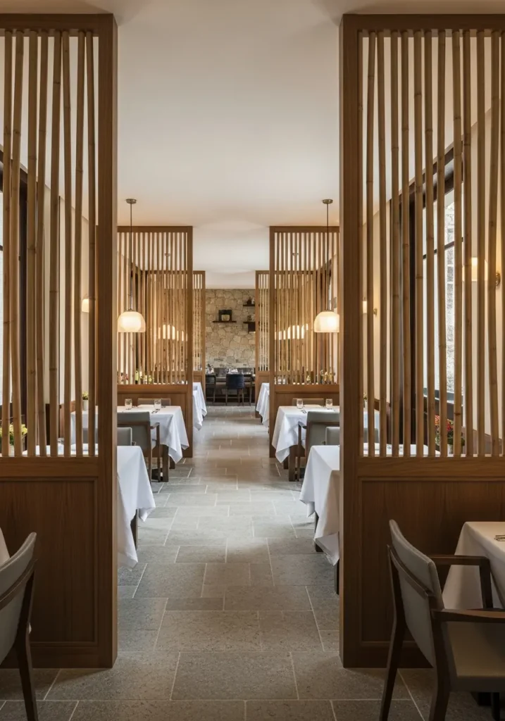 Séparations d'espace en bambou et bois dans un restaurant d'hôtel de luxe, créant des zones de restauration intimes et élégantes. Photographie d'architecture intérieure sophistiquée.