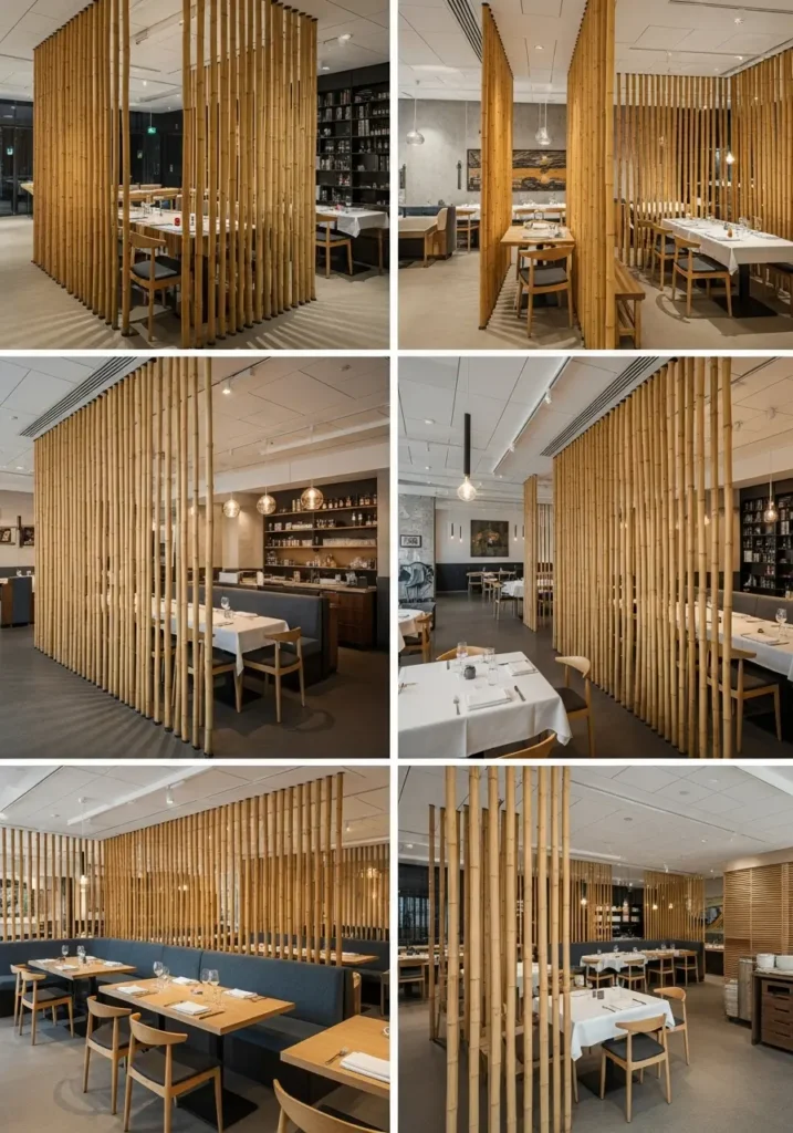 Architectural photograph of a modern restaurant interior featuring dynamic spatial zoning using customizable bamboo room divider systems.