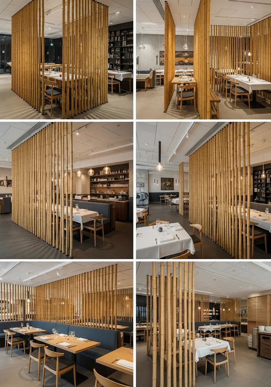 Architectural photograph of a modern restaurant interior featuring dynamic spatial zoning using customizable bamboo room divider systems.