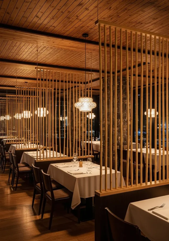 Interno di un ristorante moderno italiano con eleganti divisori in bambù tra i tavoli e illuminazione calda.