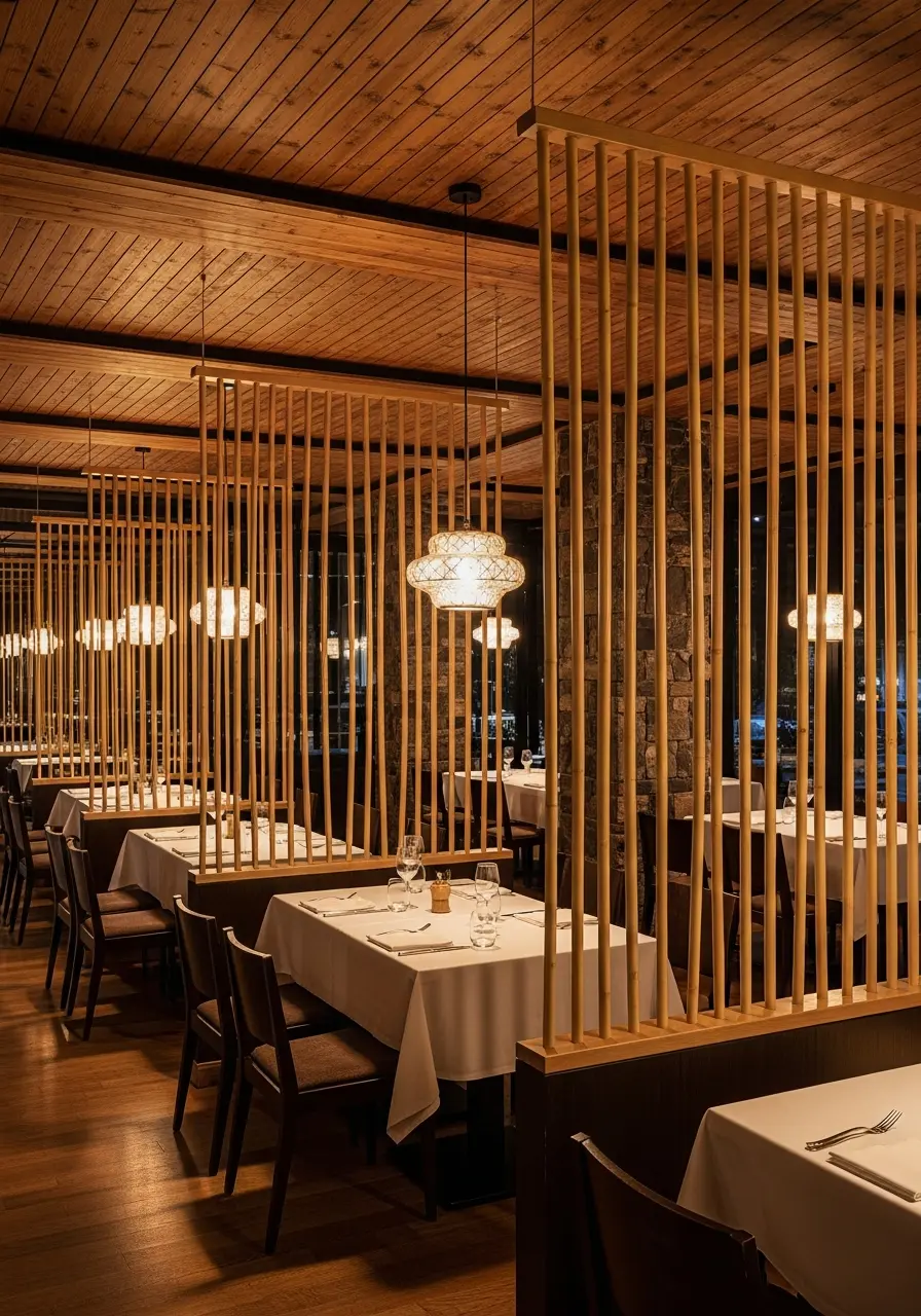 Interno di un ristorante moderno italiano con eleganti divisori in bambù tra i tavoli e illuminazione calda.