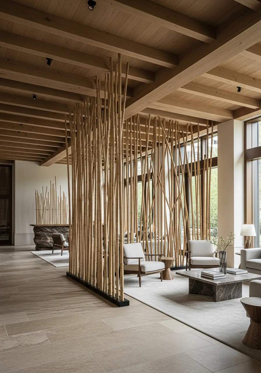 A modern hospitality partition system made of custom bamboo screens in a luxury hotel lobby.