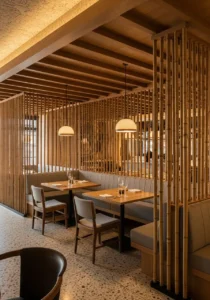 Interior de restaurante de lujo con mamparas de bambú separando mesas en estilo Japandi mediterráneo