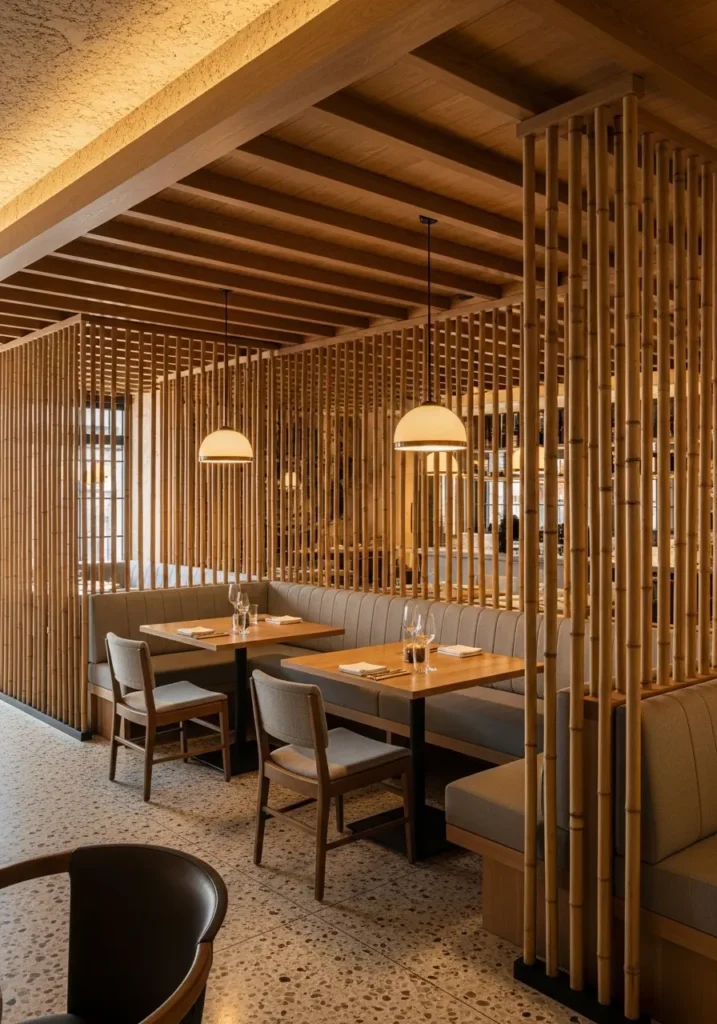 Interior de restaurante de lujo con mamparas de bambú separando mesas en estilo Japandi mediterráneo