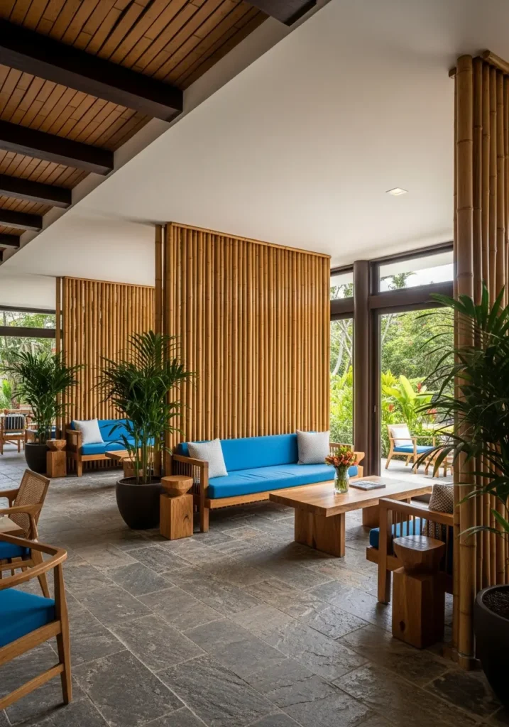 A luxury resort lobby with prominent bamboo divider walls creating intimate seating zones, featuring natural stone floors, tropical greenery, and high-end wooden furniture under a warm ambiance, captured in an architectural photography style.