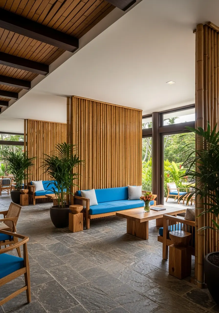A luxury resort lobby with prominent bamboo divider walls creating intimate seating zones, featuring natural stone floors, tropical greenery, and high-end wooden furniture under a warm ambiance, captured in an architectural photography style.