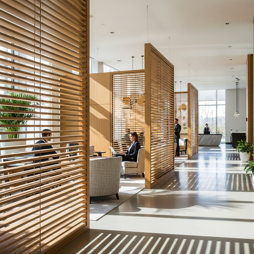 Architectural photograph of a modern hotel lobby using flexible, slatted bamboo room divider systems to create distinct zones and enhance privacy.